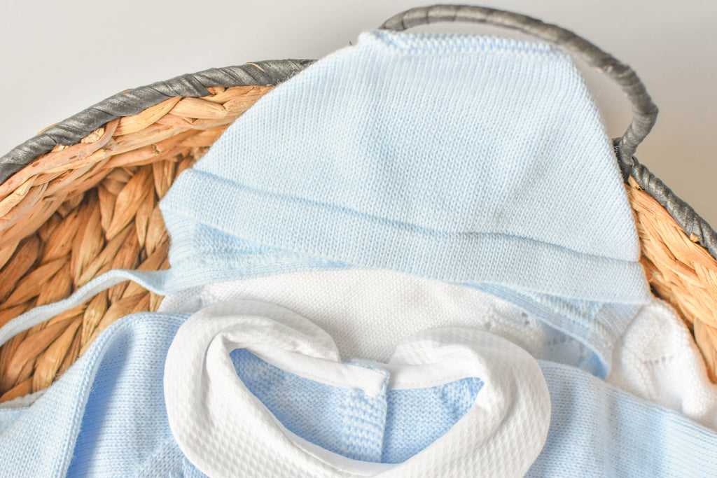 Knitted Pom Pom with Lace Trim in Sky Blue - White