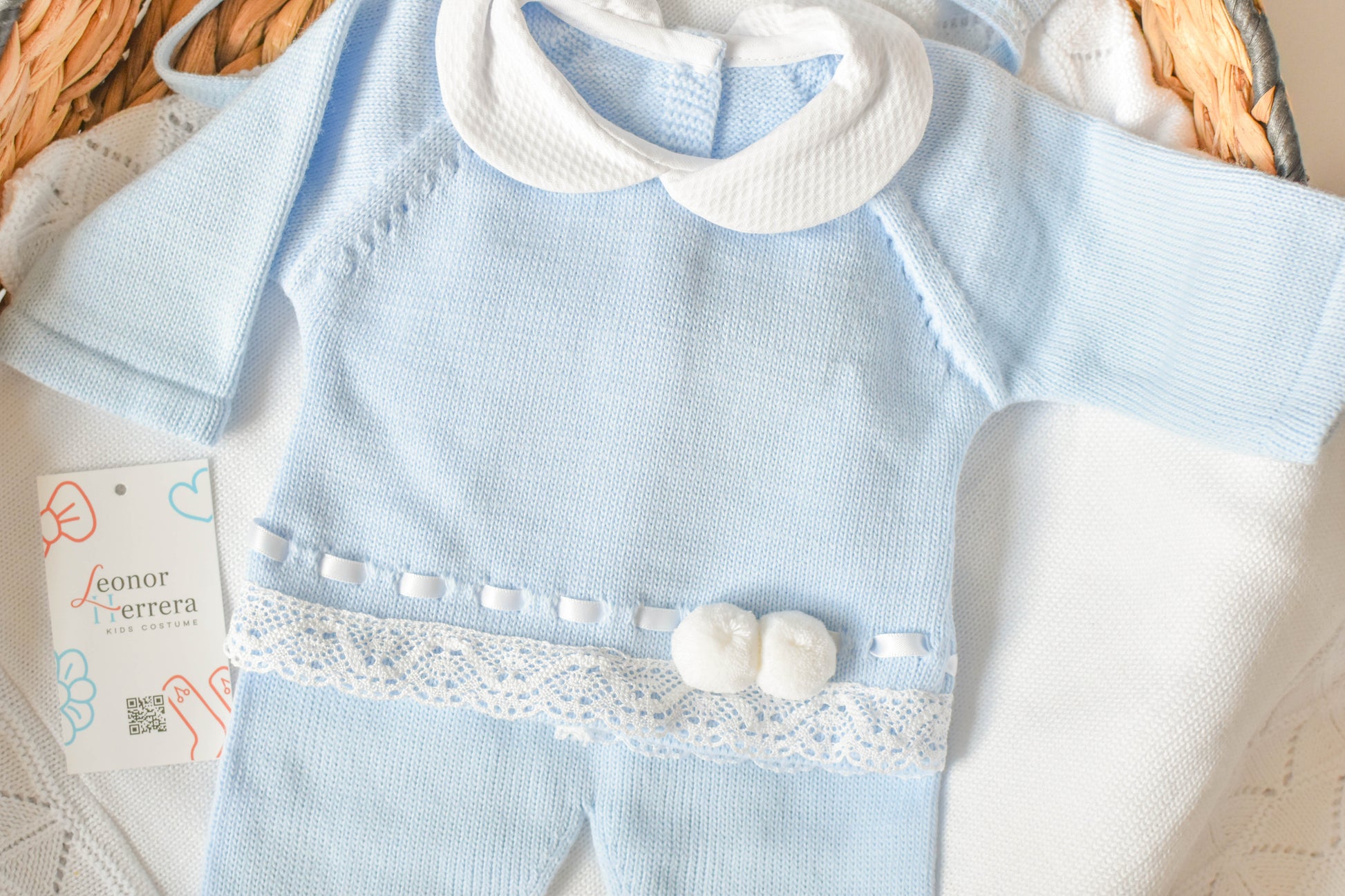 Knitted Pom Pom with Lace Trim in Sky Blue - White