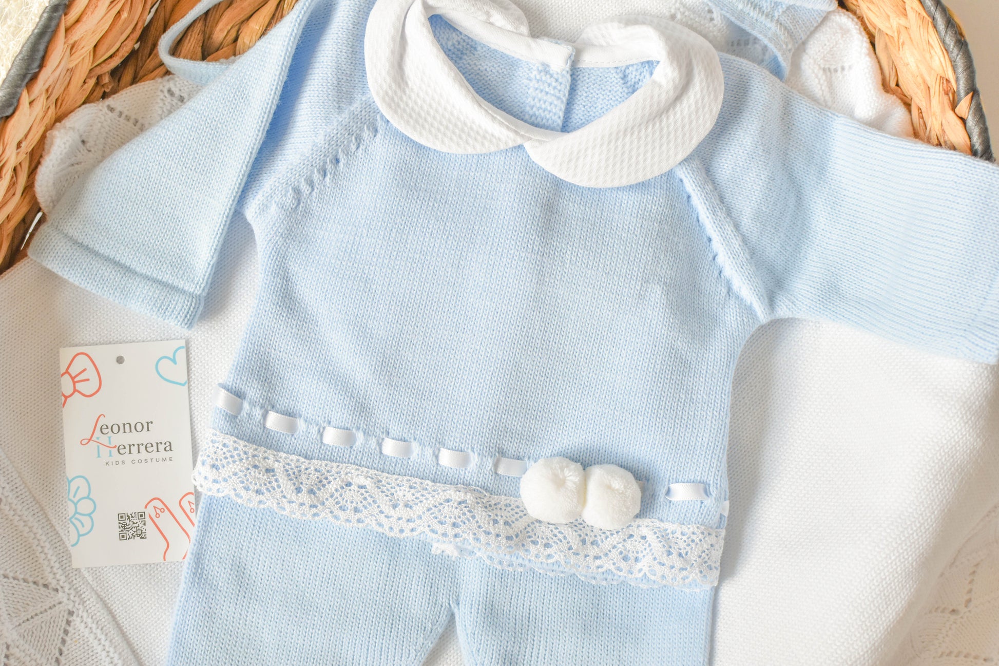 Knitted Pom Pom with Lace Trim in Sky Blue - White