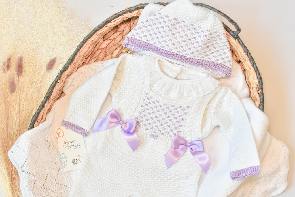 Knitted Newborn set in White - Purple