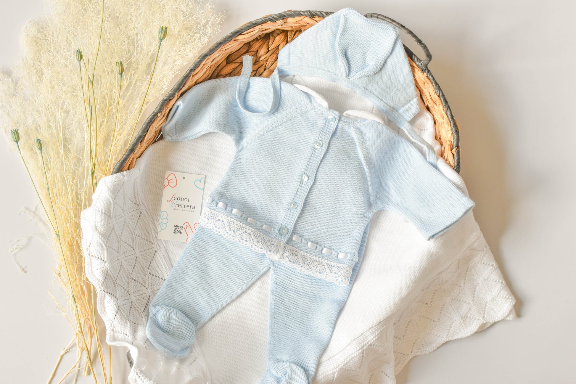 Knitted Pom Pom with Lace Trim in Sky Blue - White