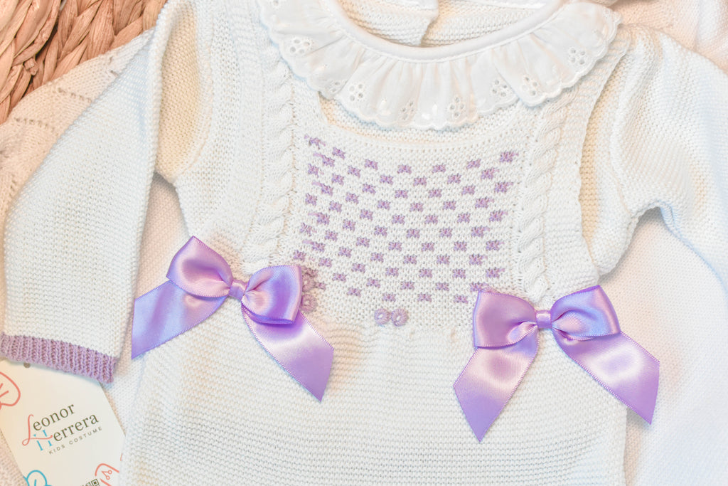 Knitted Newborn set in White - Purple