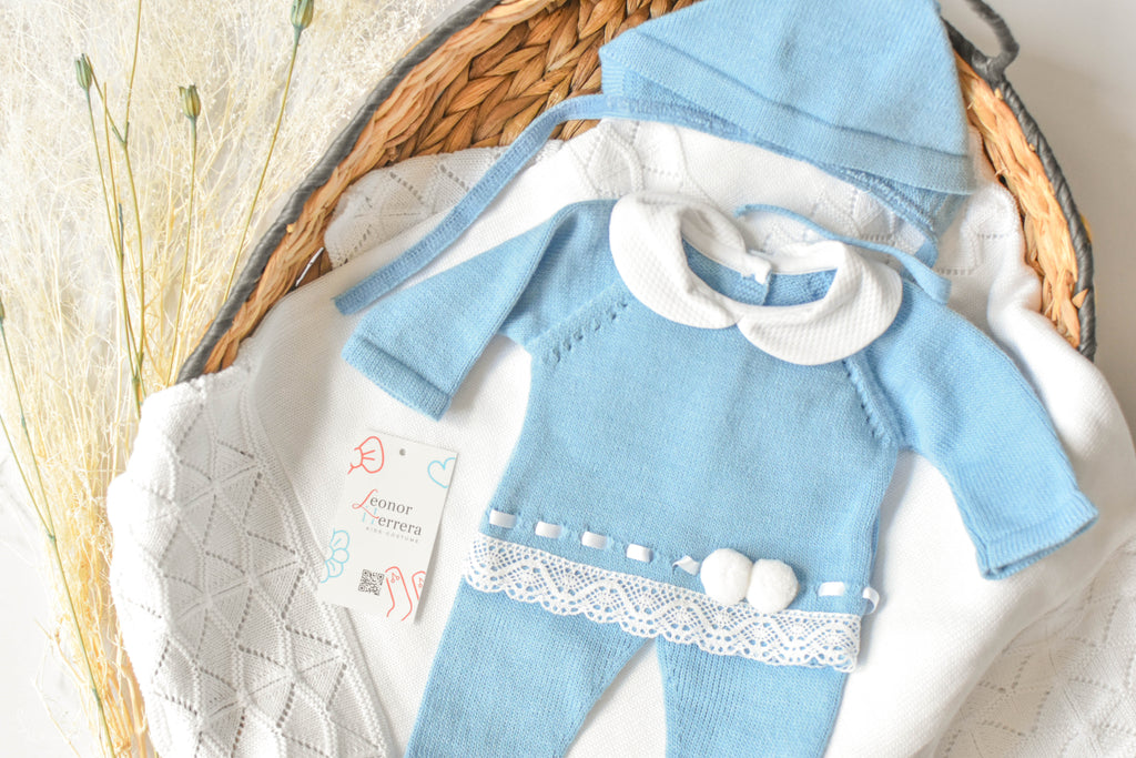 Knitted Pom Pom with Lace Trim in Blue - White