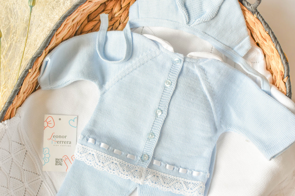 Knitted Pom Pom with Lace Trim in Sky Blue - White