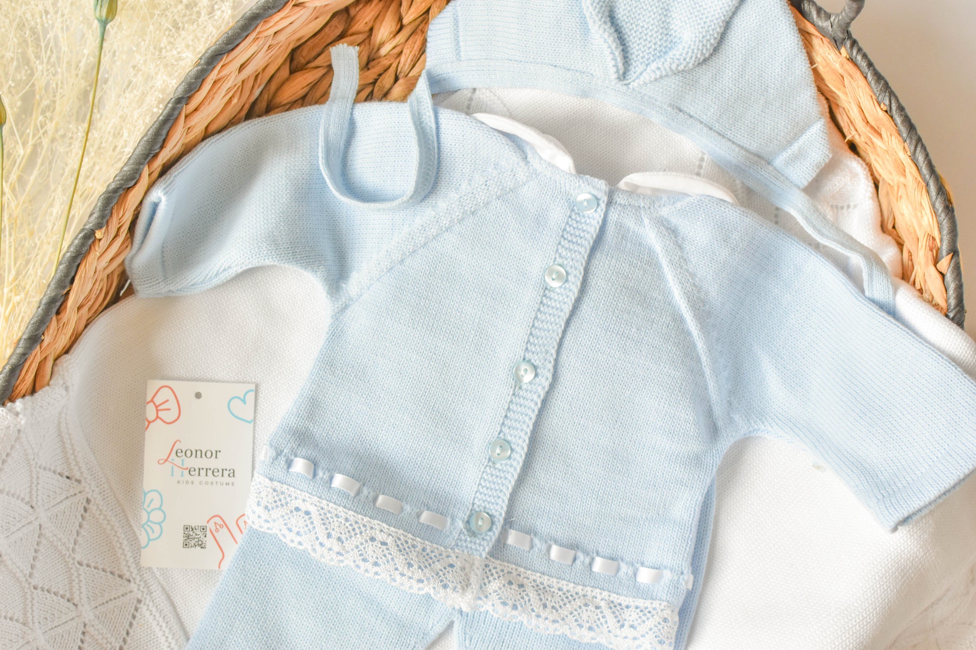 Knitted Pom Pom with Lace Trim in Sky Blue - White