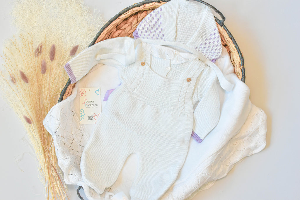 Knitted Newborn set in White - Purple