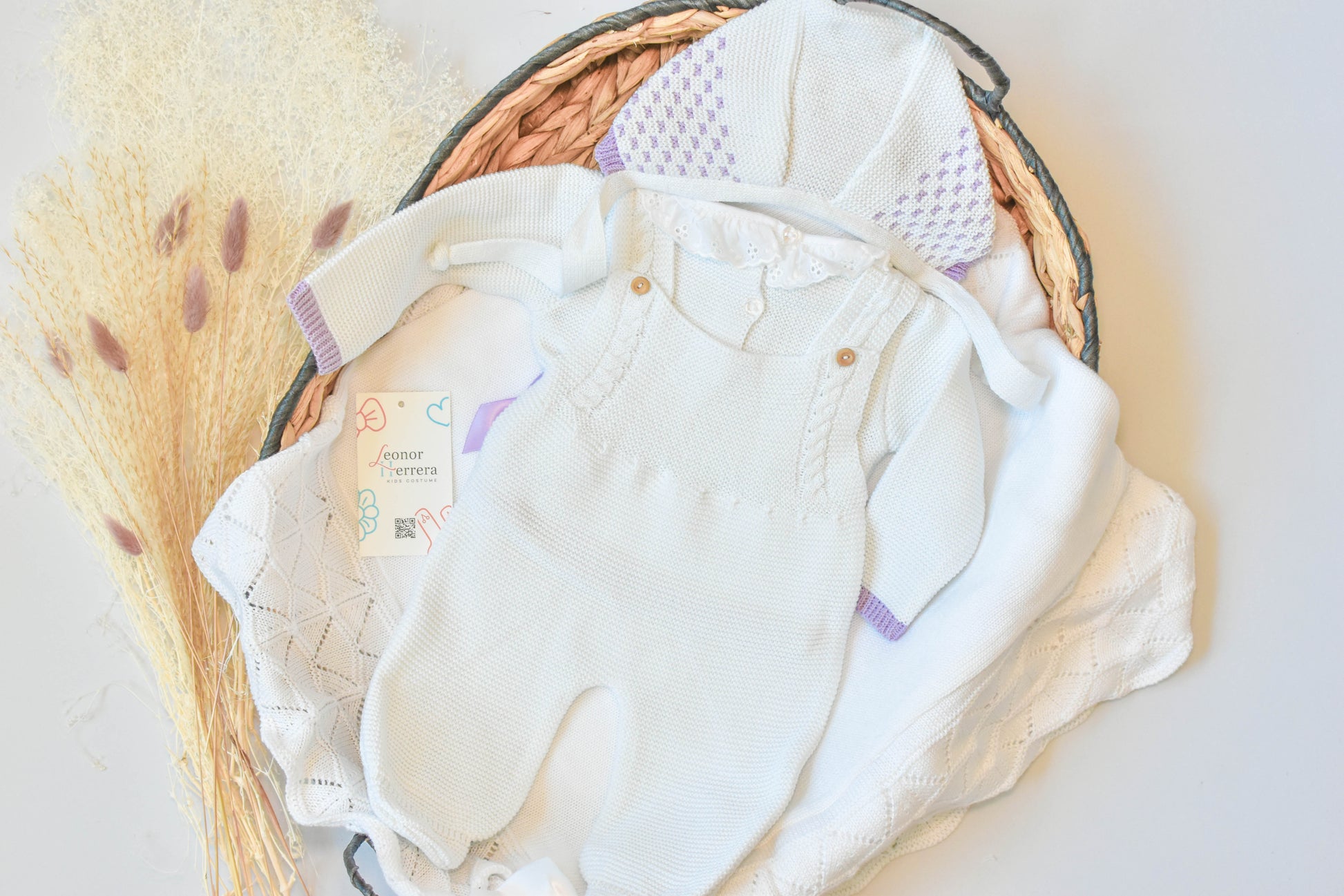 Knitted Newborn set in White - Purple