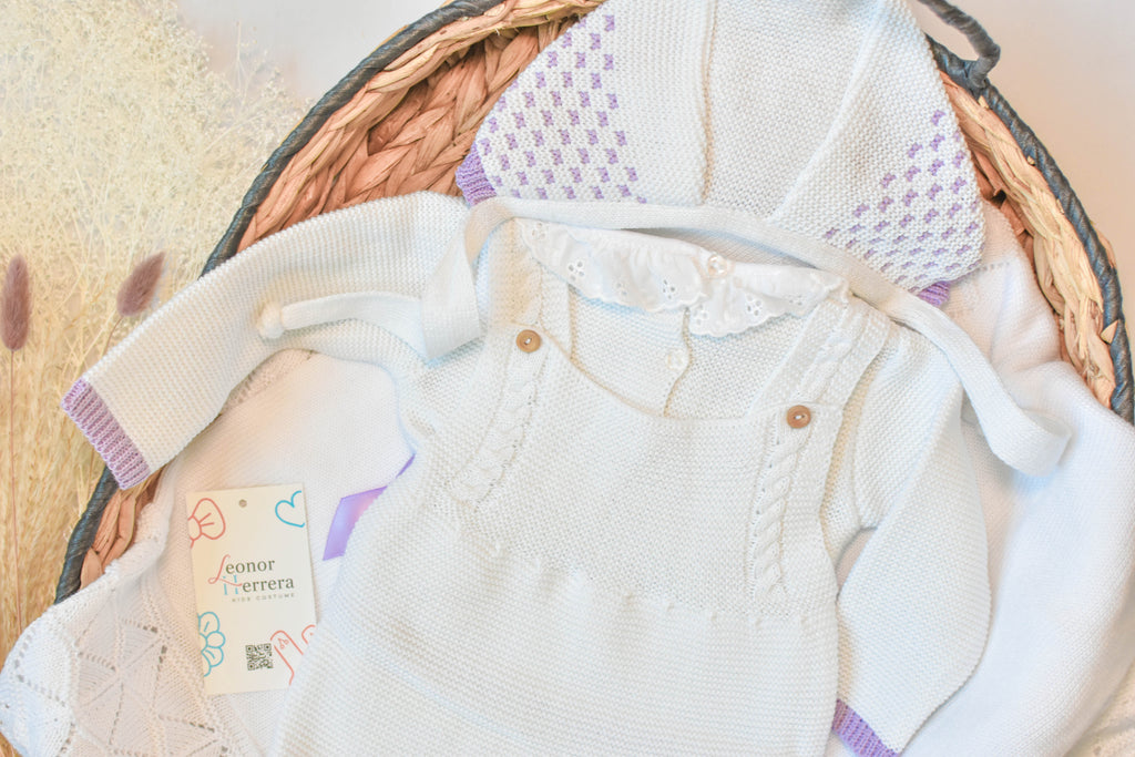 Knitted Newborn set in White - Purple