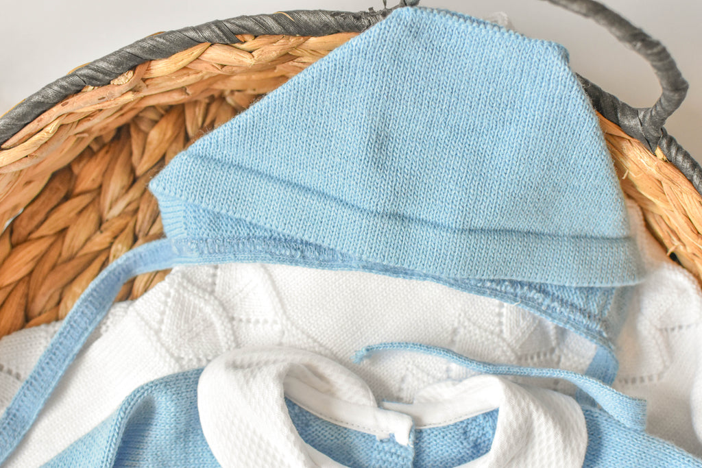 Knitted Pom Pom with Lace Trim in Blue - White