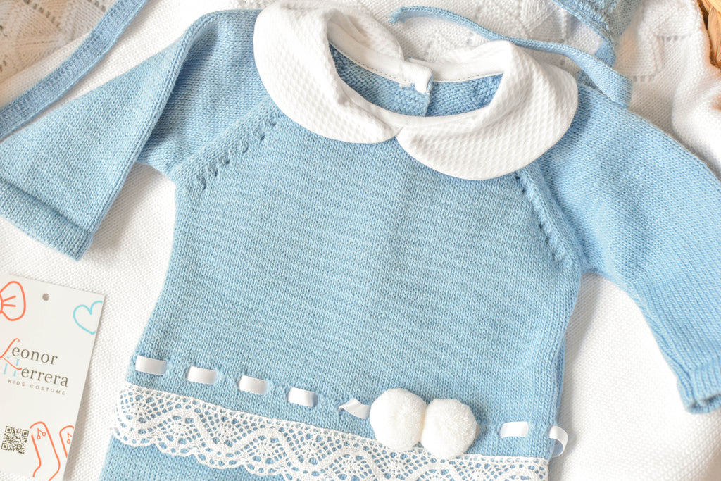 Knitted Pom Pom with Lace Trim in Blue - White