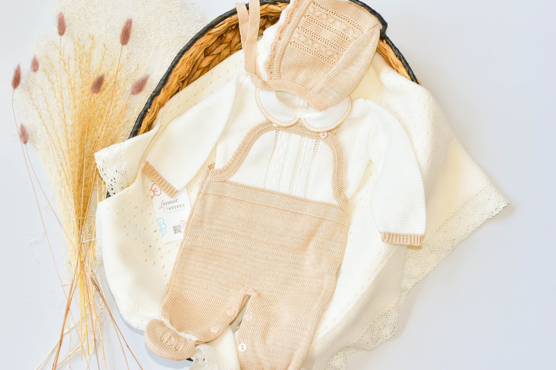 Romper Knit Bow Set in Beige