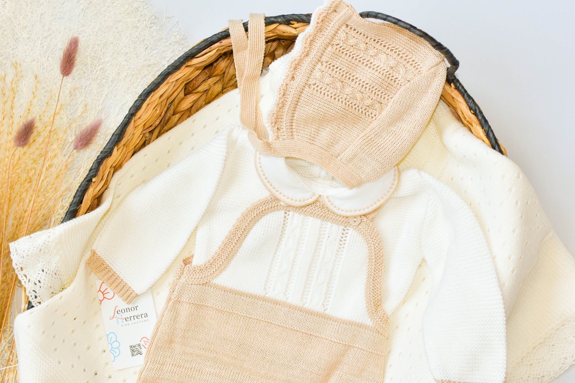 Romper Knit Bow Set in Beige