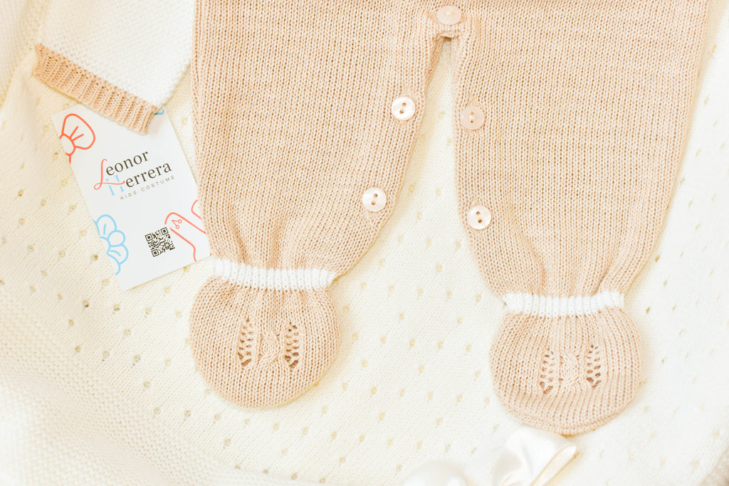 Romper Knit Bow Set in Beige