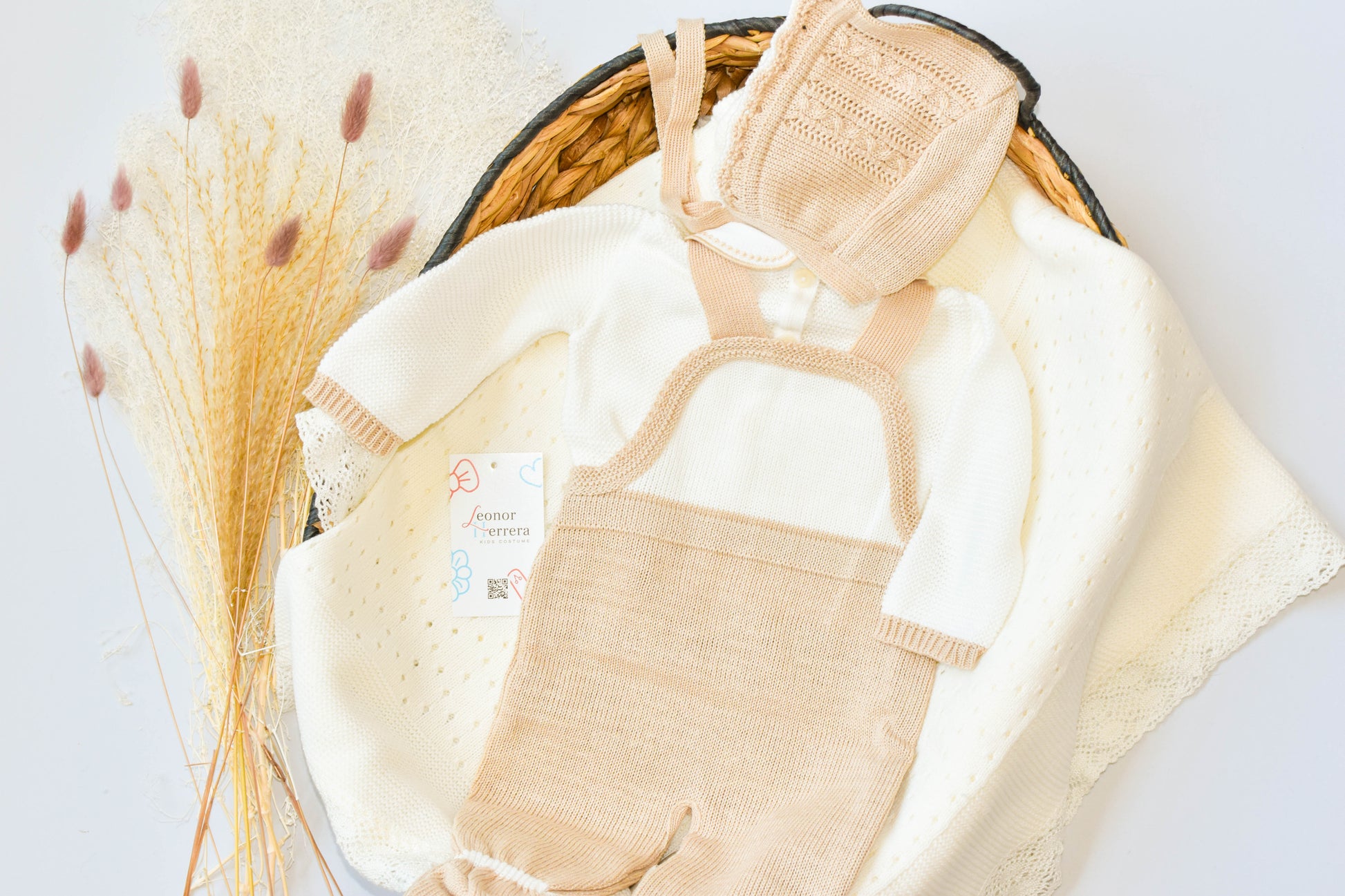 Romper Knit Bow Set in Beige