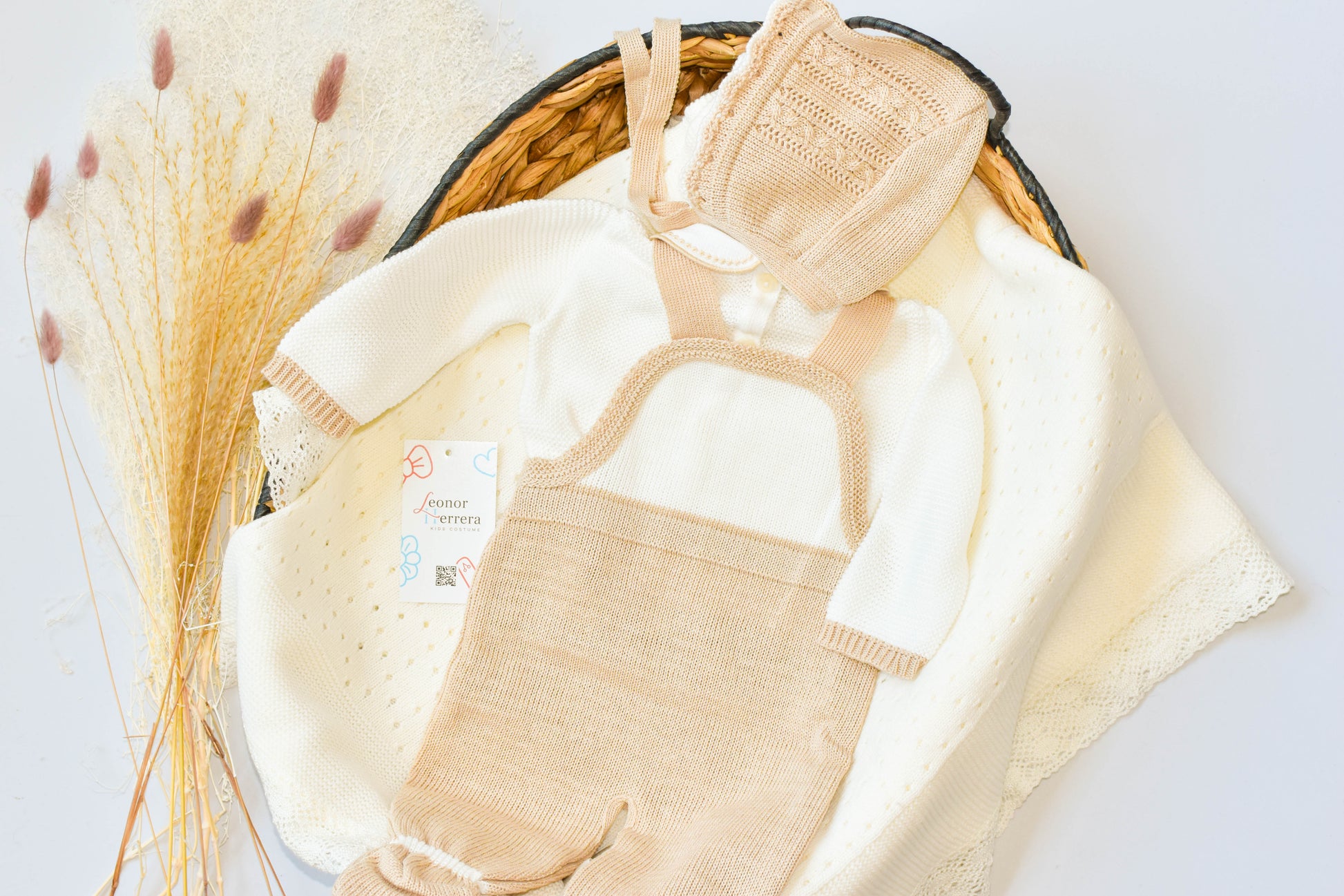 Romper Knit Bow Set in Beige