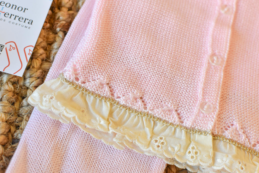 Newborn Knit Bow with Embroidered Strip in Pink