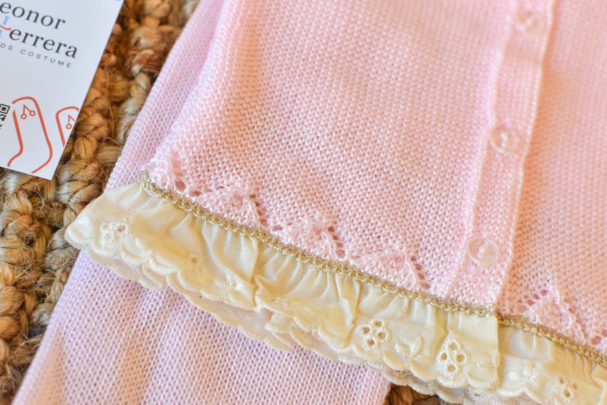 Newborn Knit Bow with Embroidered Strip in Pink