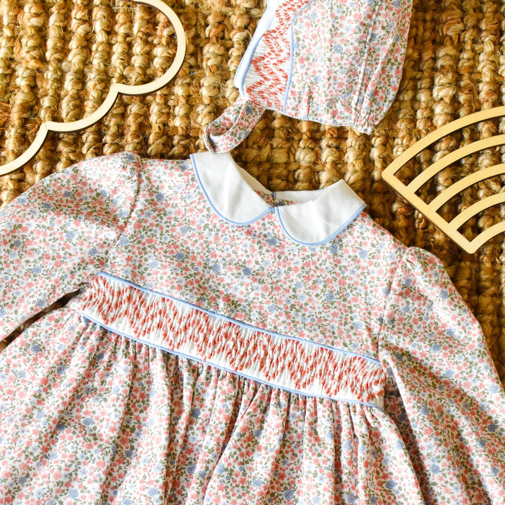 Dress with bonnet in old rose