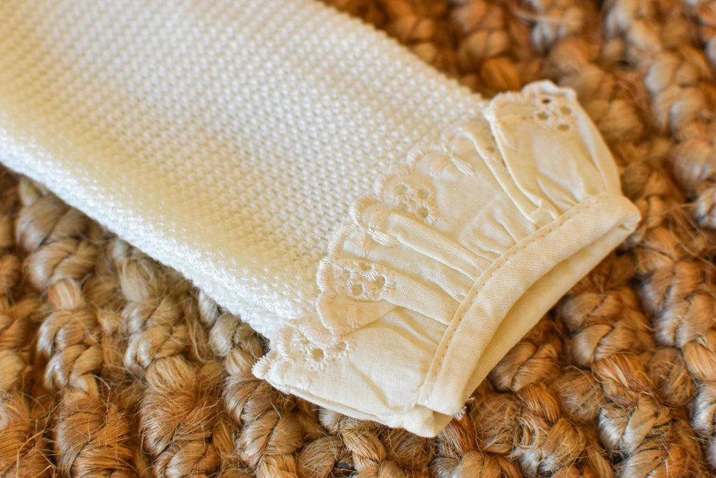 Newborn Knit Bow with Embroidered Strip in Beige