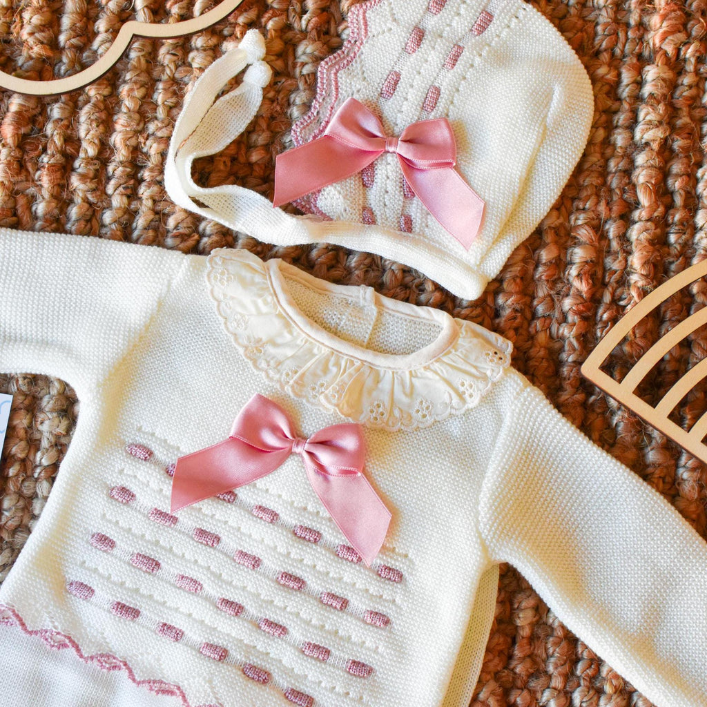 Knit Newborn Girl with Bow in Beige - Old Rose