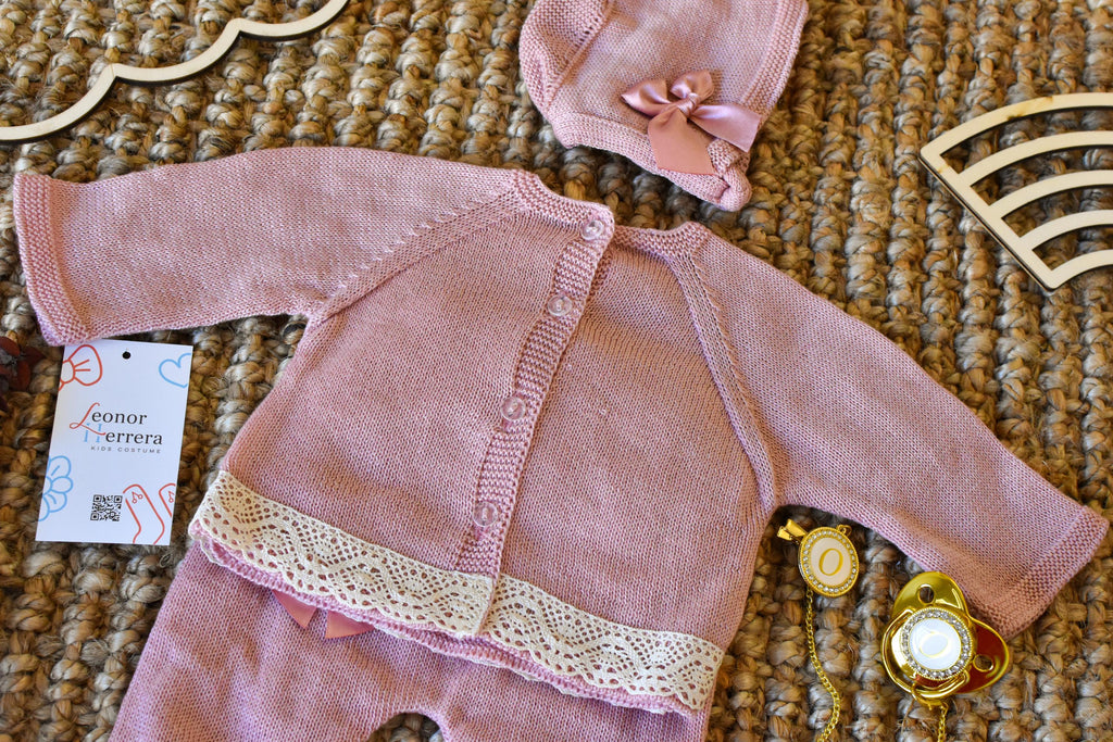 Knitted Set girl with Bow in Old Rose