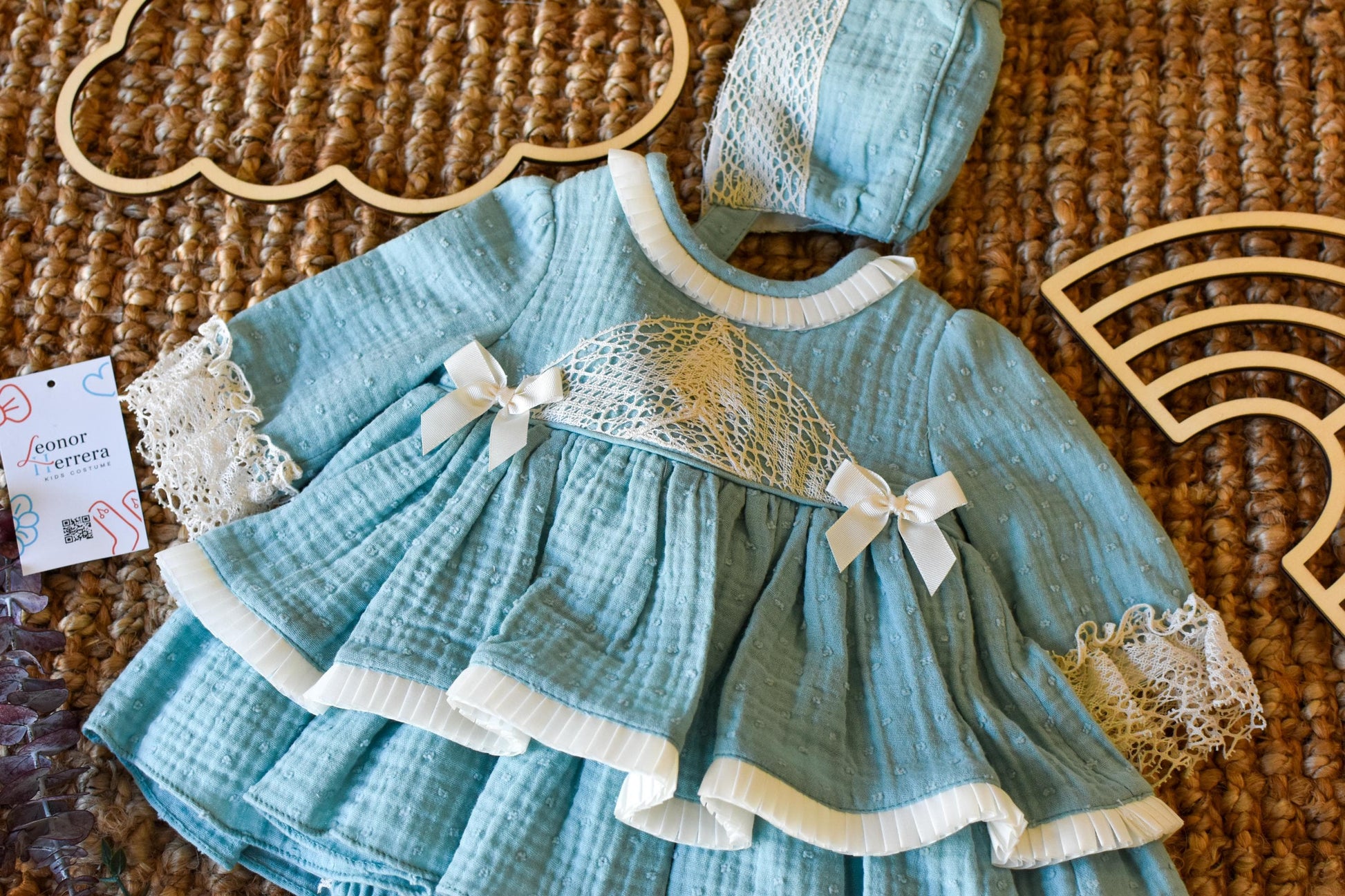 Dress With Bonnet in Aqua Green