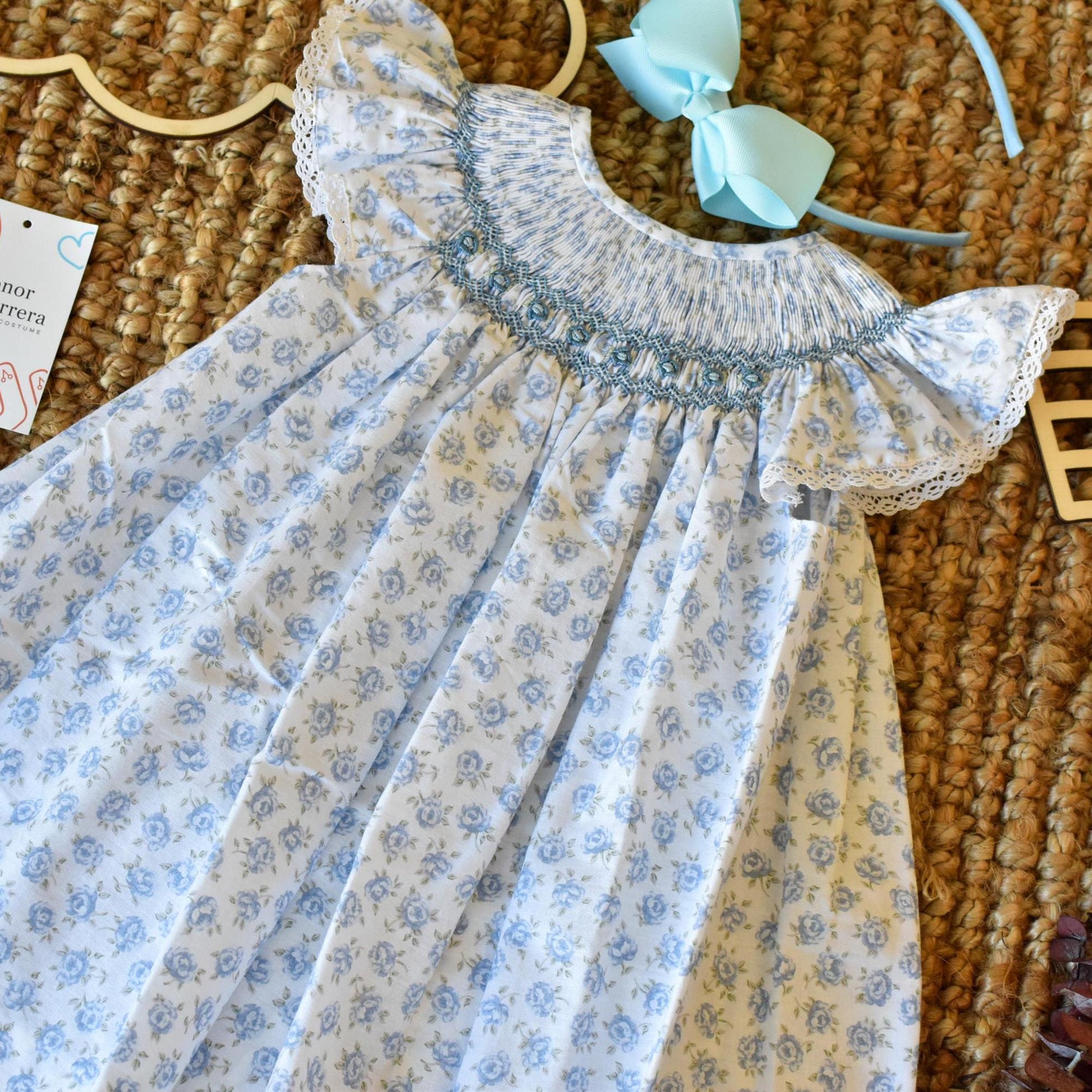 Smocked Dress flowers in Blue