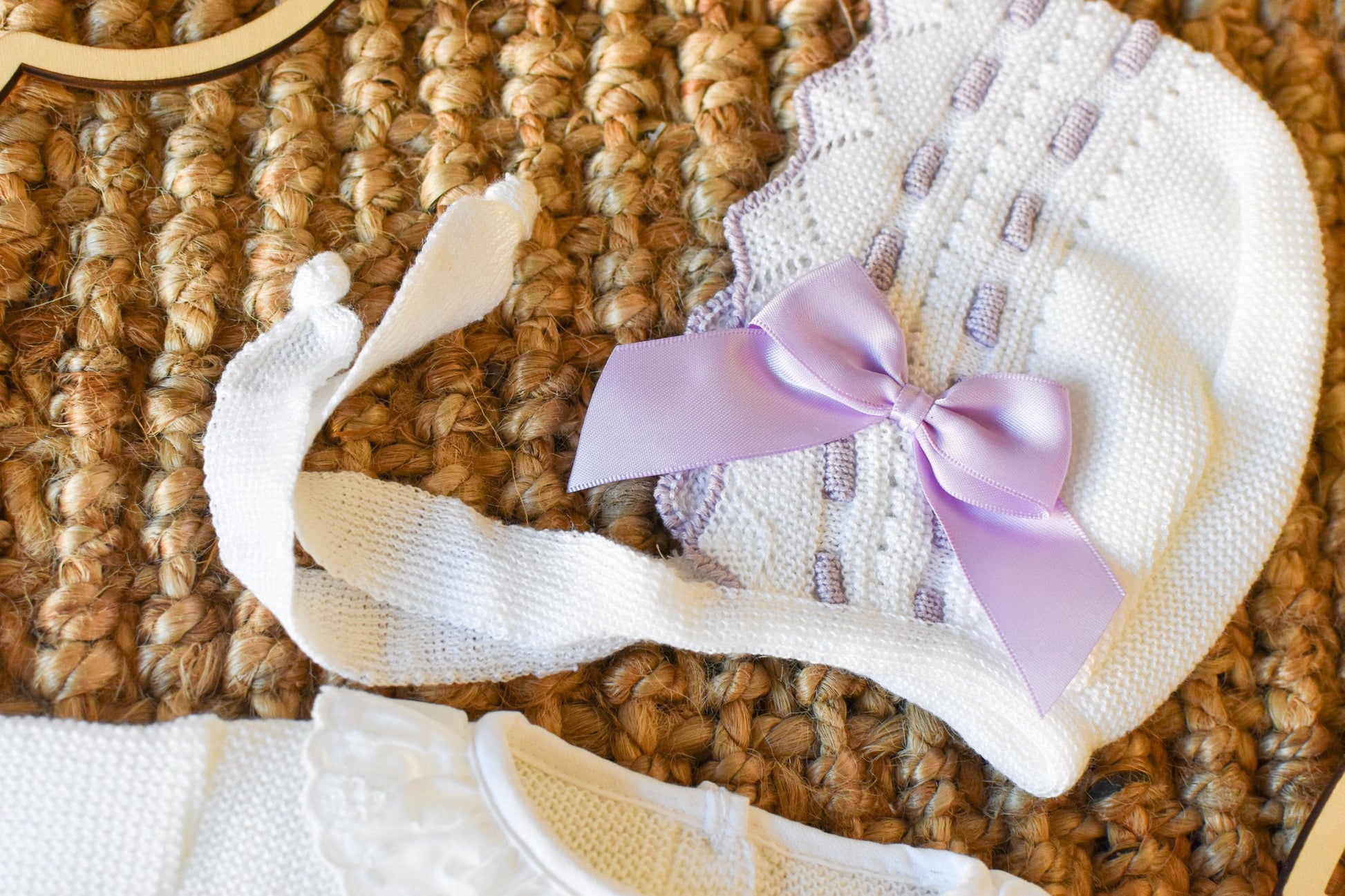 Knit Newborn Girl with Bow in White - Purple