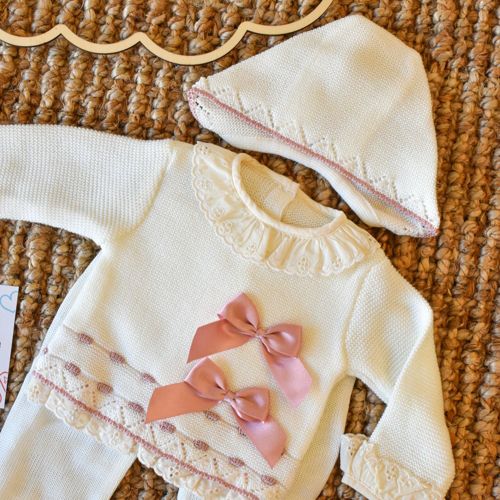 Newborn Knit Bow with Embroidered Strip in Beige - Old Pink