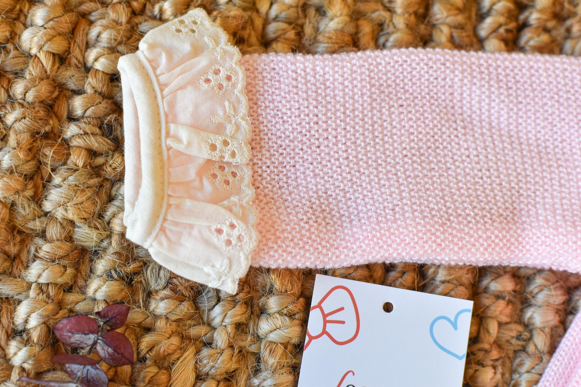 Newborn Knit Bow with Embroidered Strip in Pink