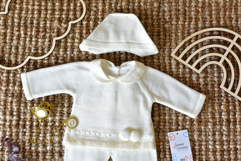 Knitted Pom Pom with lace trim in White - Beige