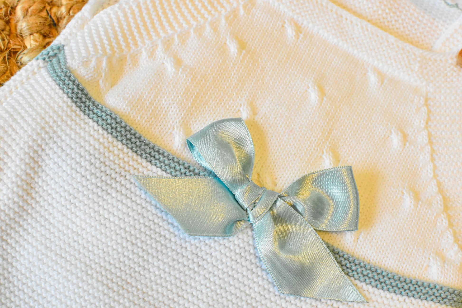 Knit Romper Newborn with bow in White - Green