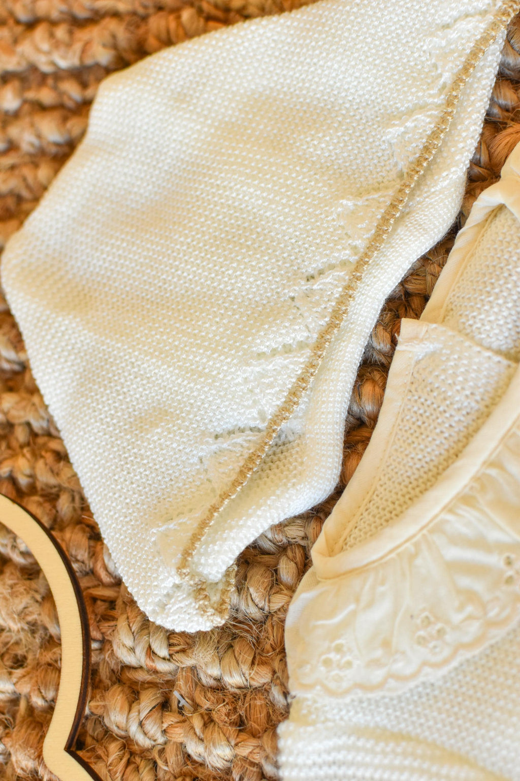 Newborn Knit Bow with Embroidered Strip in Beige