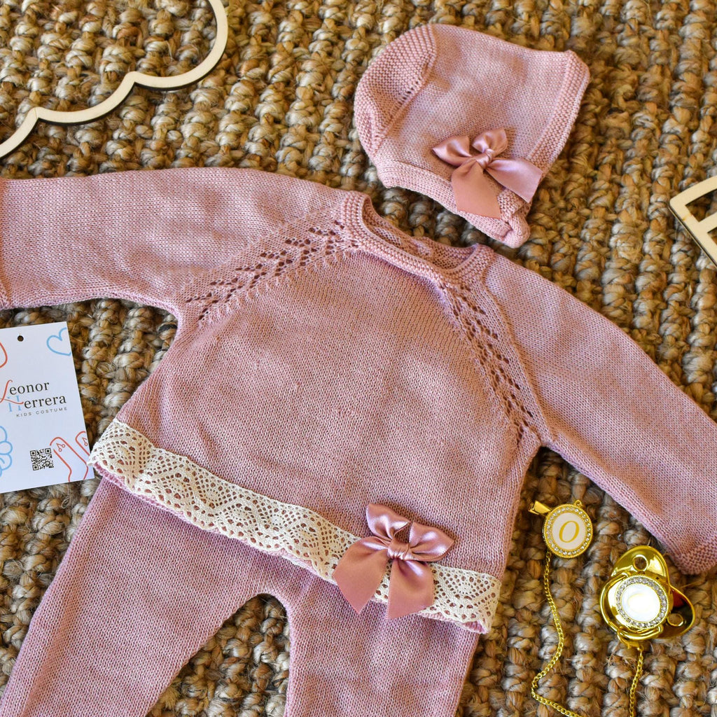 Knitted Set girl with Bow in Old Rose