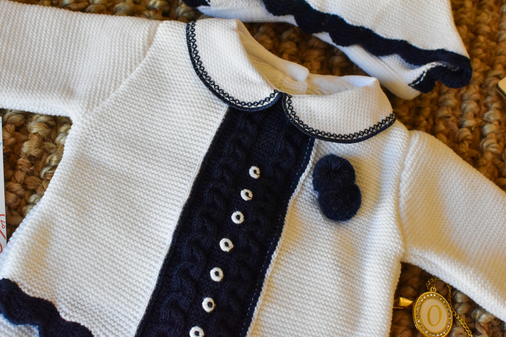 Knit Cable with Pom Pom in White - Old Blue