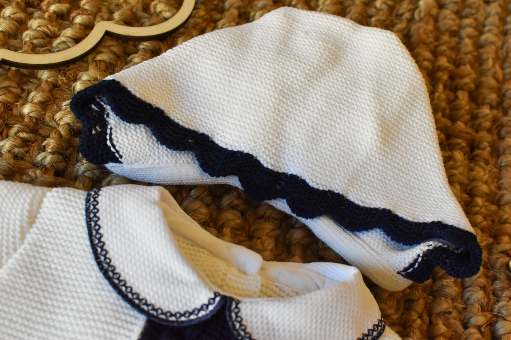 Knit Cable with Pom Pom in White - Old Blue