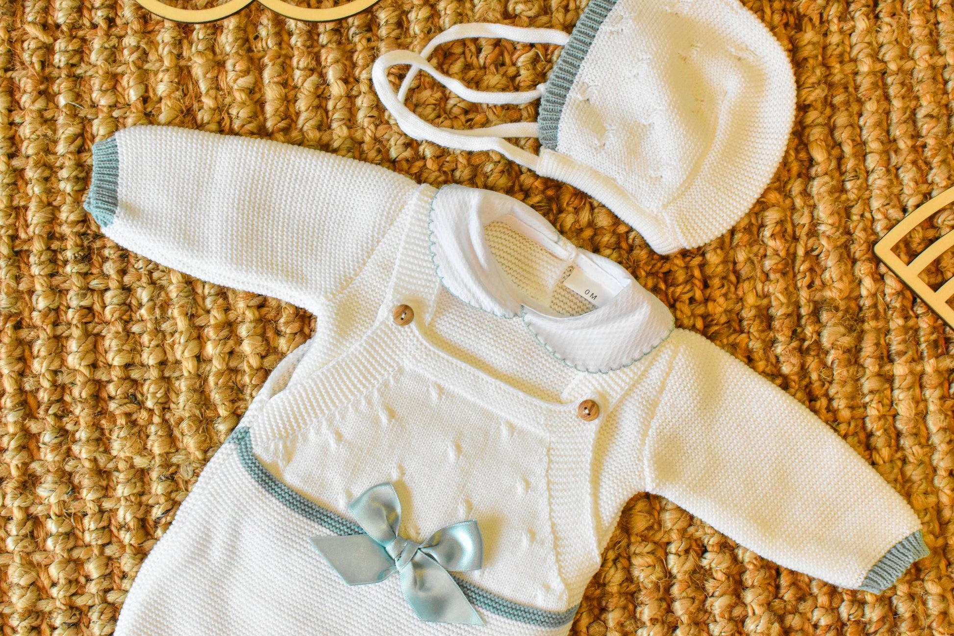 Knit Romper Newborn with bow in White - Green