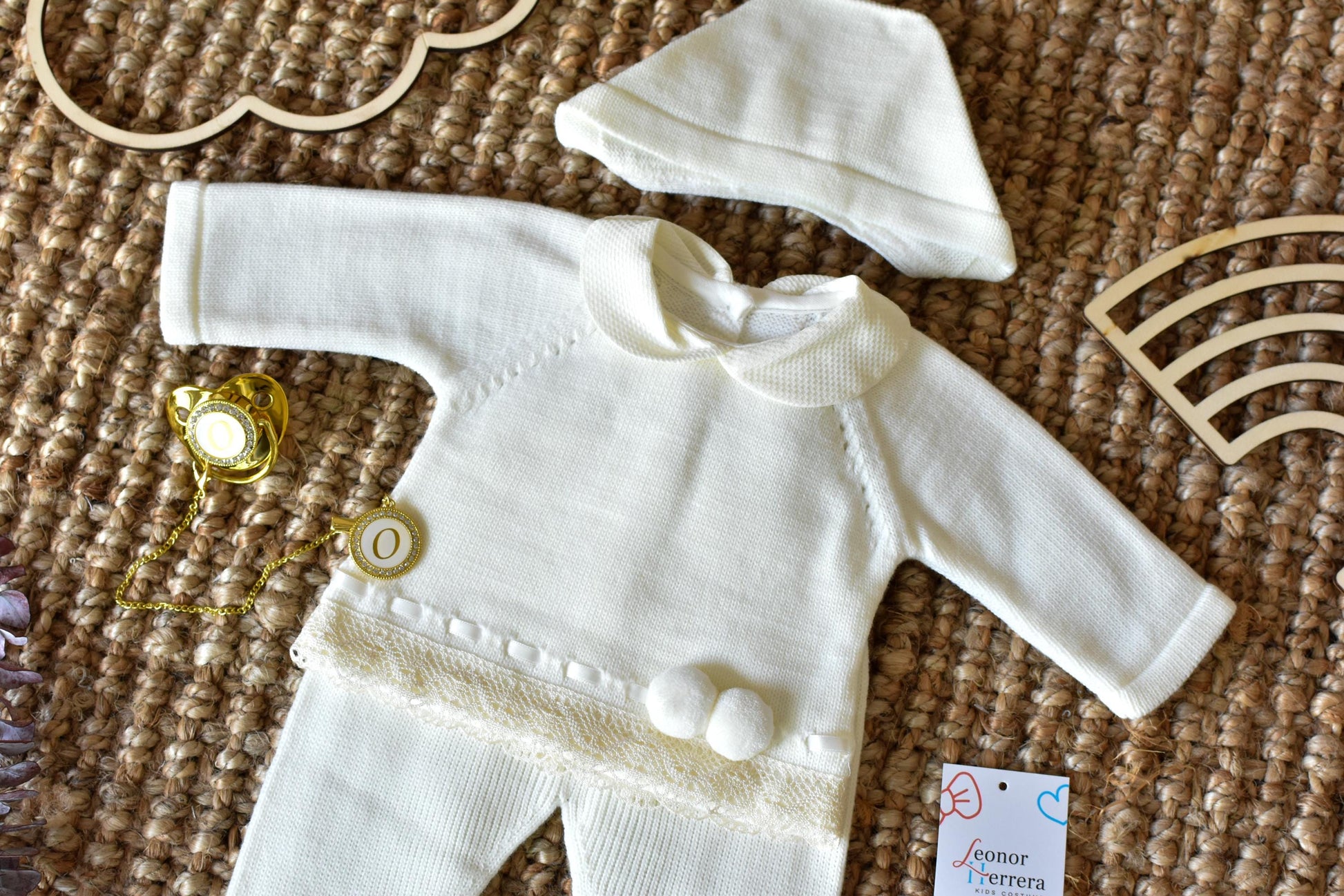 Knitted Pom Pom with lace trim in White - Beige