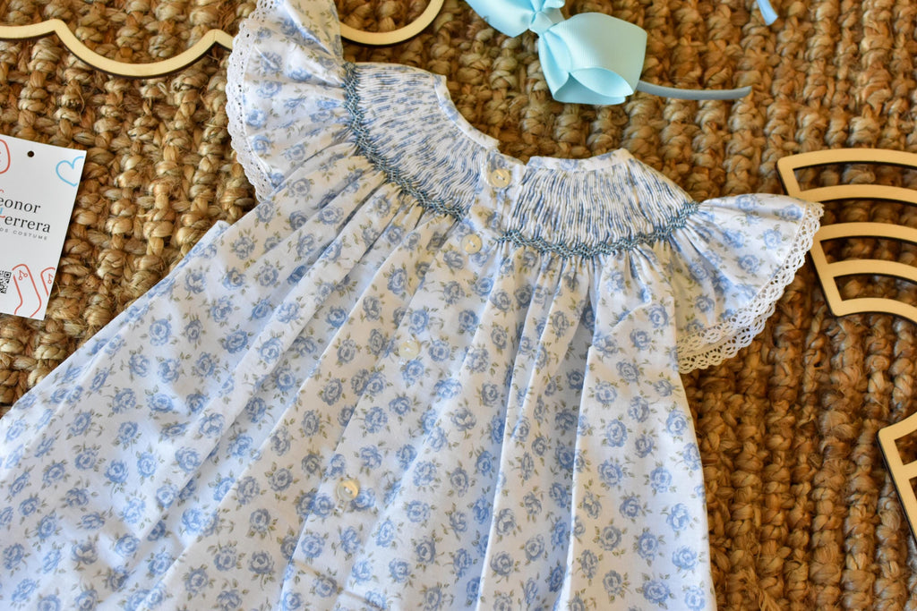 Smocked Dress flowers in Blue