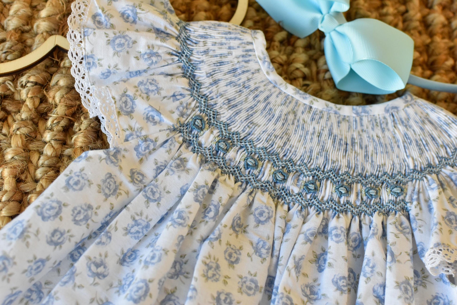 Smocked Dress flowers in Blue