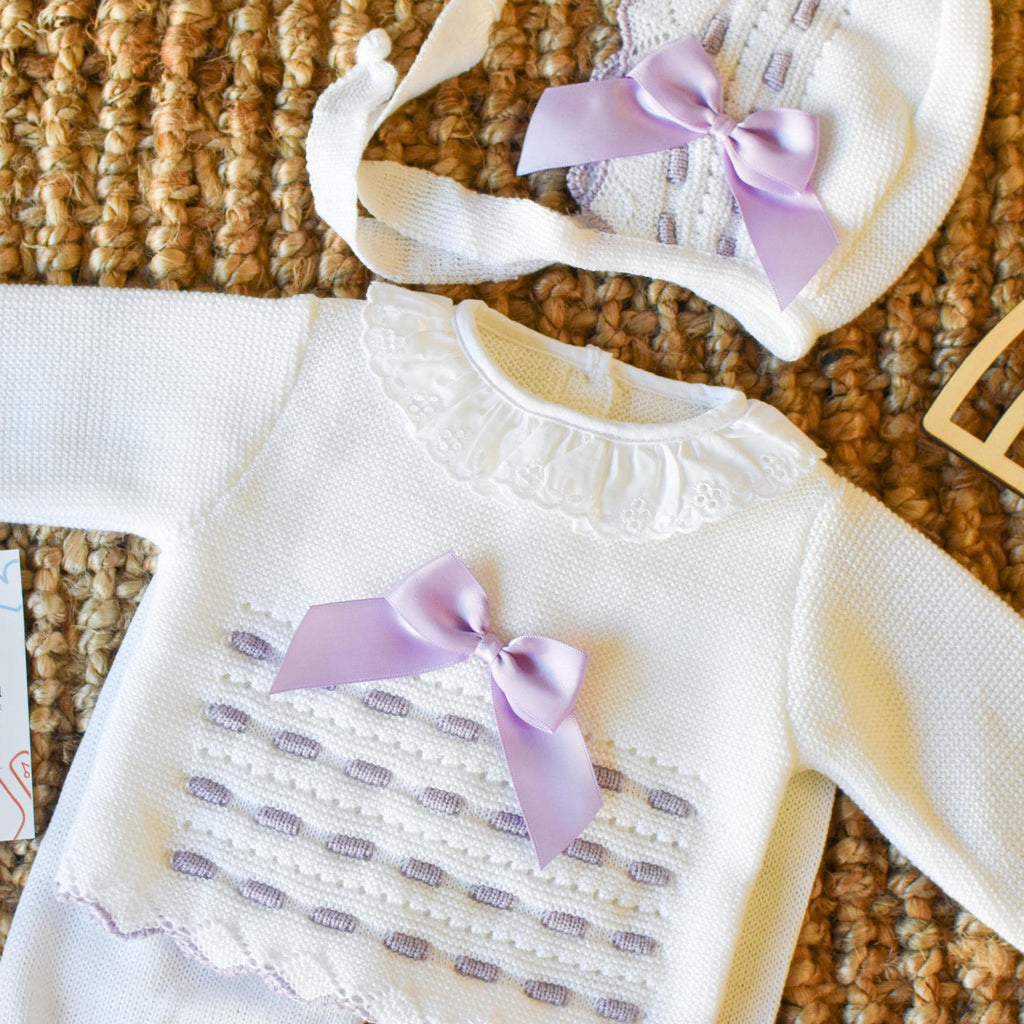 Knit Newborn Girl with Bow in White - Purple