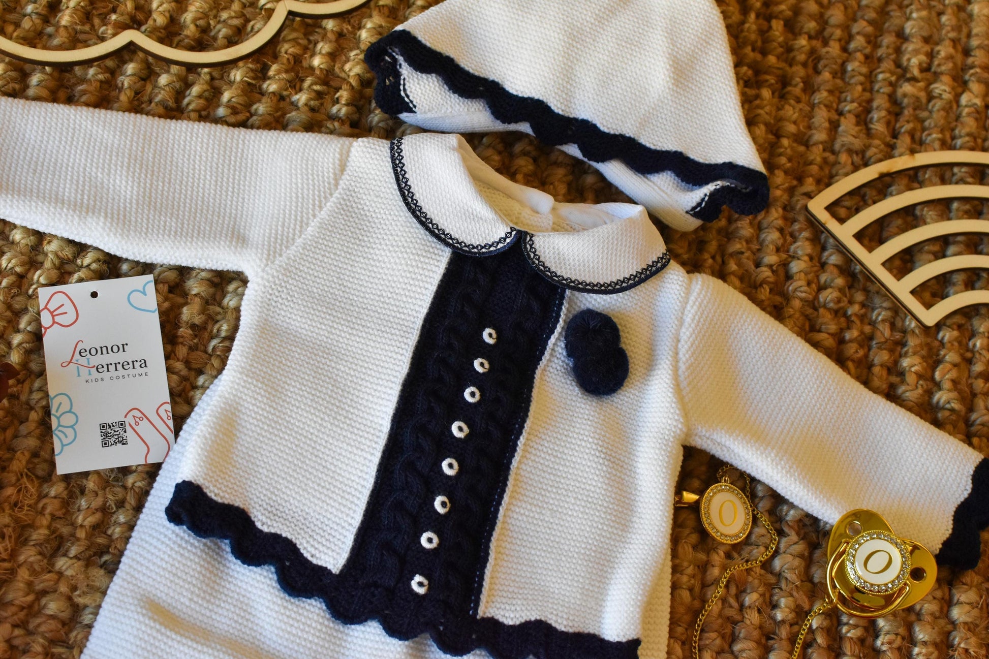 Knit Cable with Pom Pom in White - Old Blue