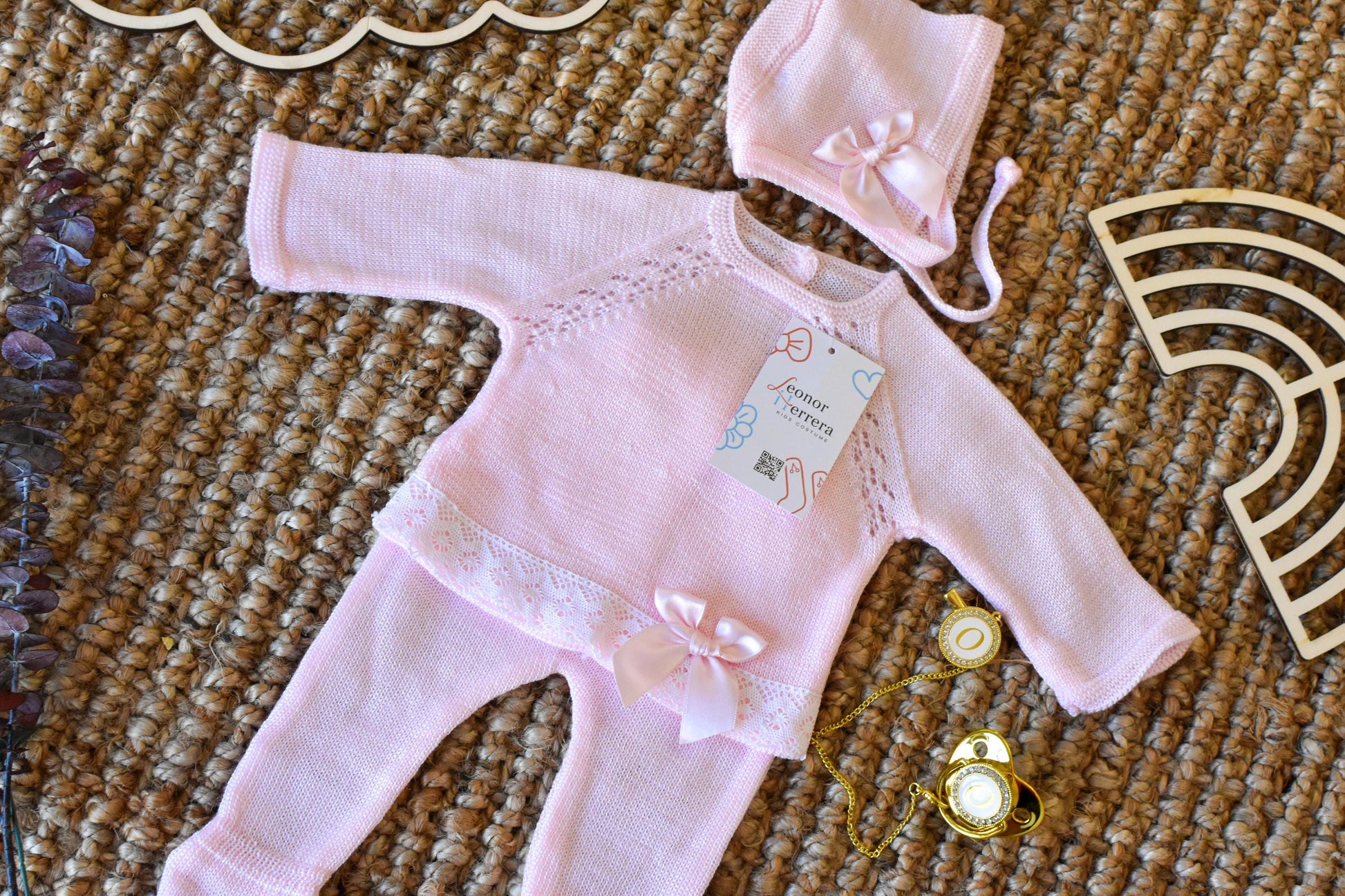 Knitted Set girl with Bow in Pink