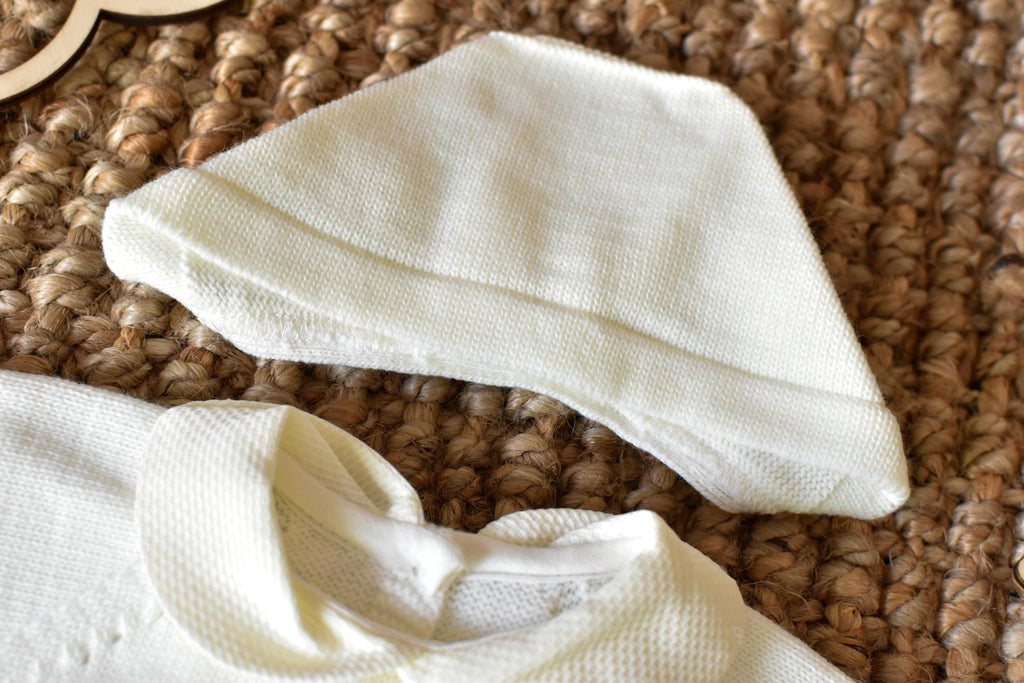 Knitted Pom Pom with lace trim in White - Beige