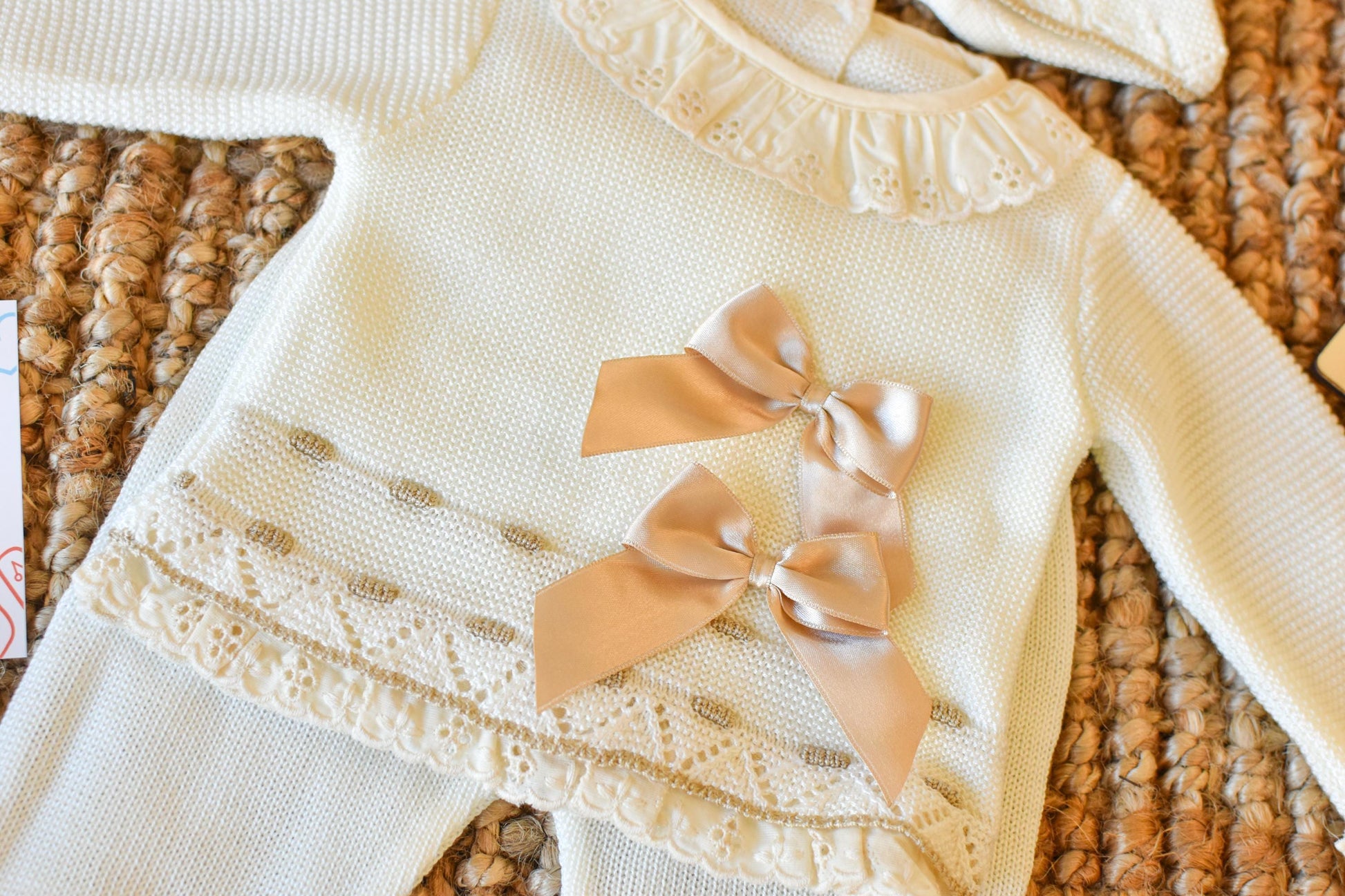 Newborn Knit Bow with Embroidered Strip in Beige