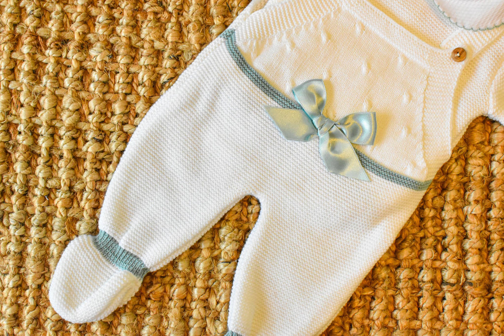 Knit Romper Newborn with bow in White - Green