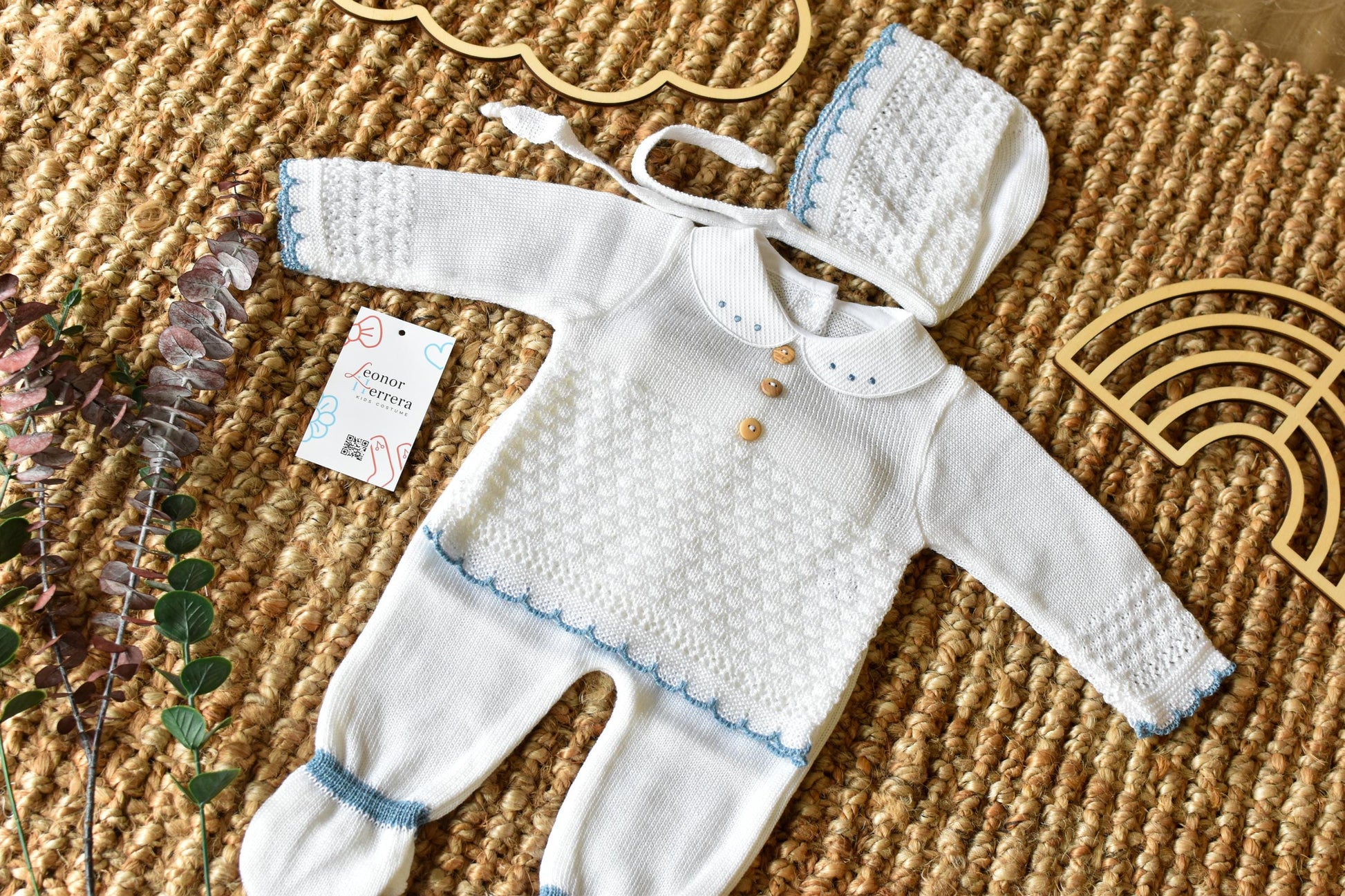 Knit Newborn Buttons Set in White - Blue