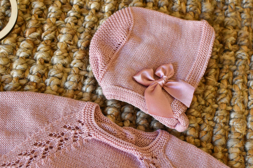 Knitted Set girl with Bow in Old Rose