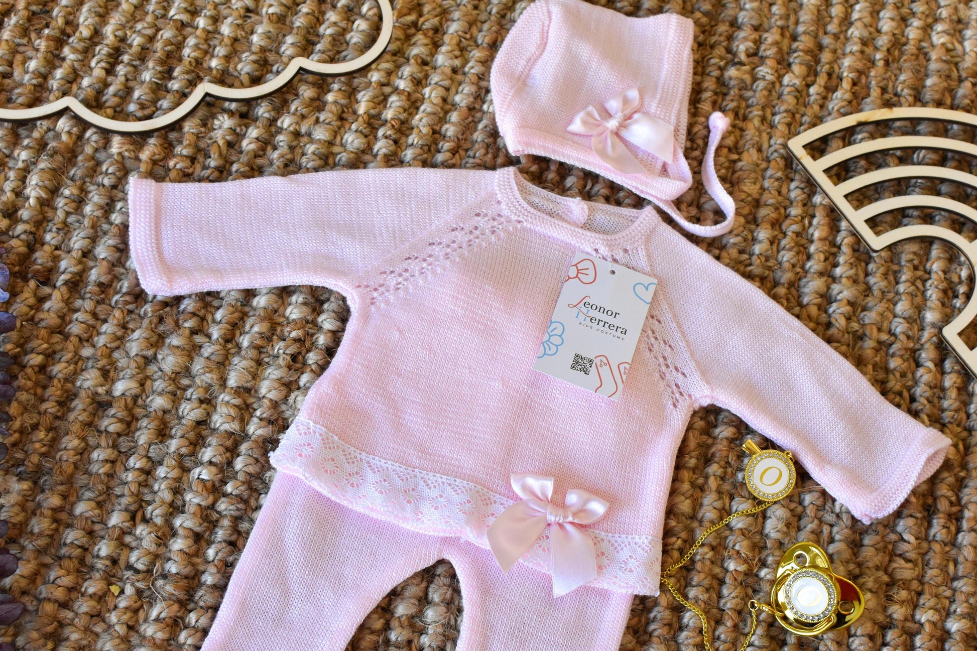 Knitted Set girl with Bow in Pink