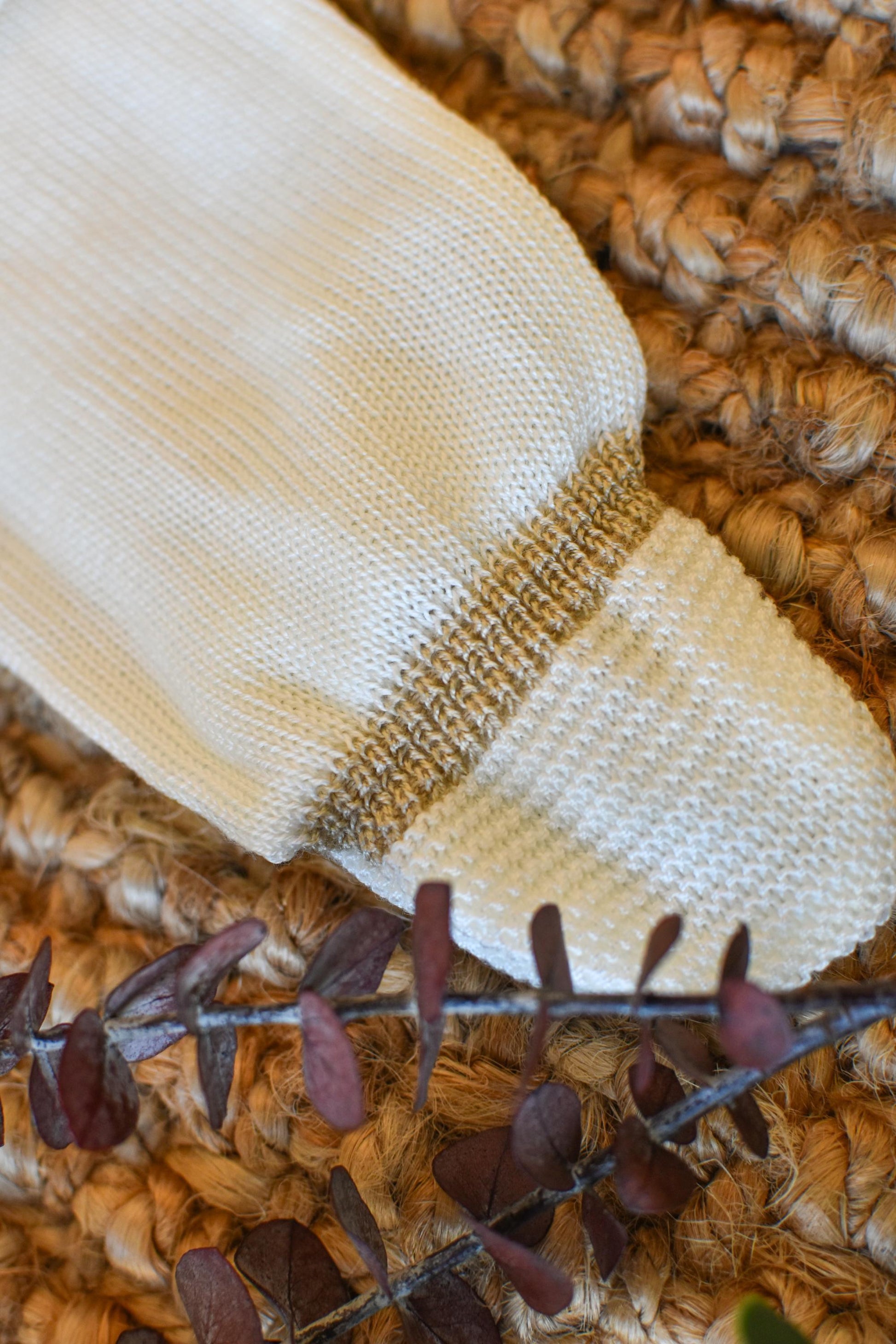 Newborn Knit Bow with Embroidered Strip in Beige